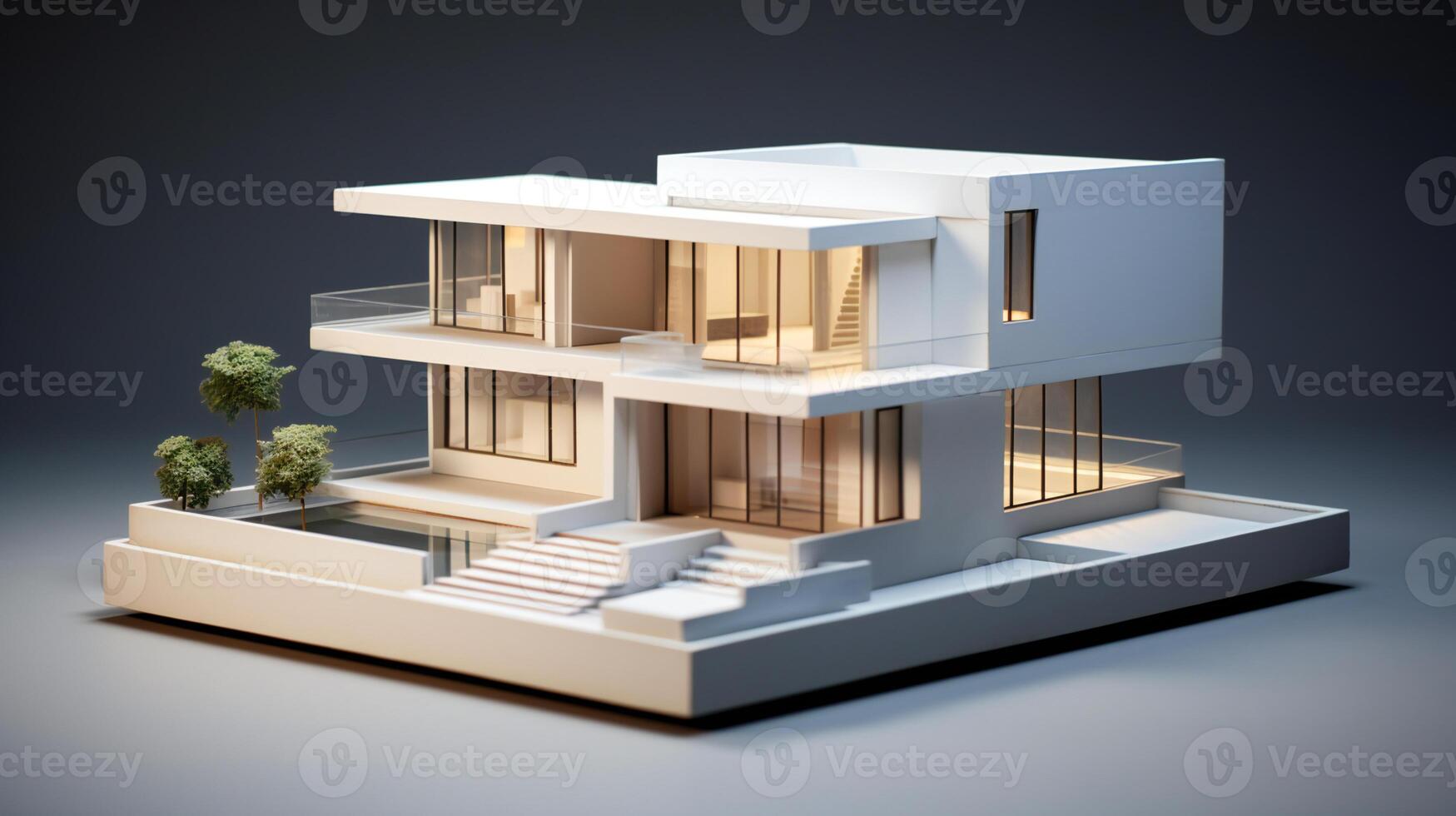 3d modèle de une moderne maison avec une bassin ai génératif photo