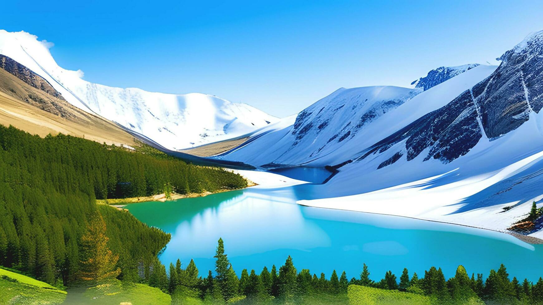 magnifique collines Montagne et rivière vue avec chute de neige Lac et hiver ensoleillé journée Contexte. ai généré photo