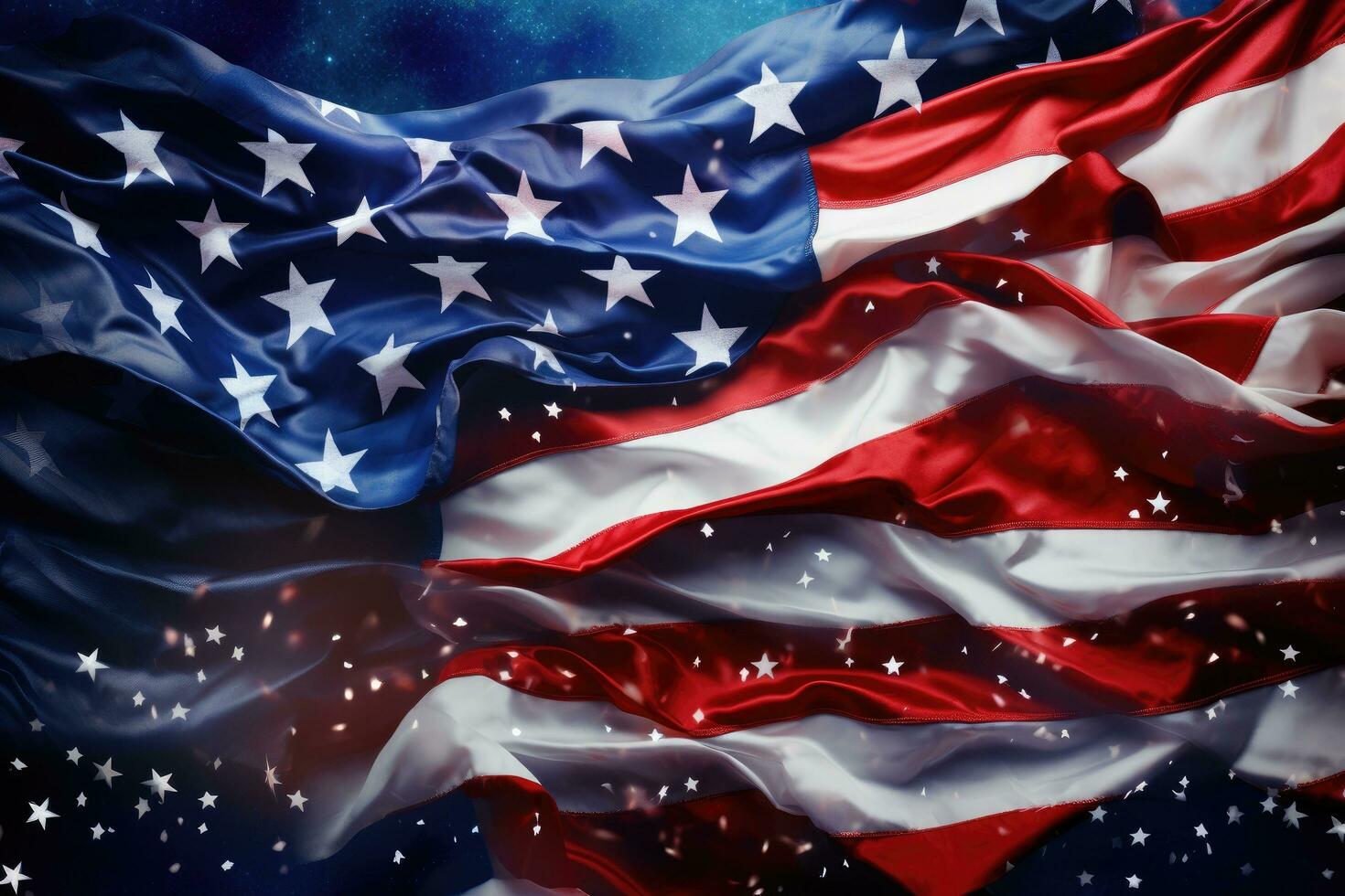 américain drapeau agitant dans le vent avec étoiles et espace pour votre texte, américain nationale vacances. nous drapeaux avec américain étoiles, rayures et nationale couleurs, ai généré photo