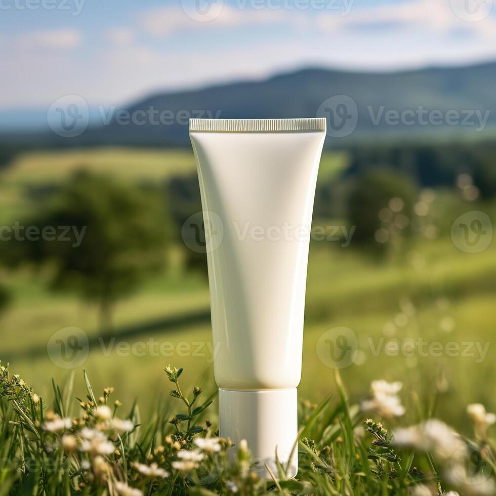 ai génératif blanc crème tube sur herbe sur le terrain photo