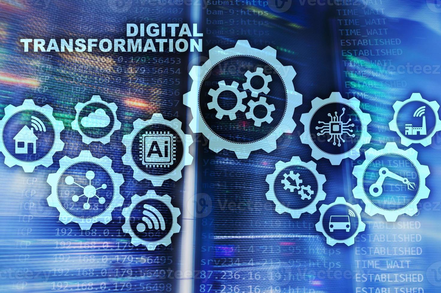 concept de transformation numérique de la numérisation des processus commerciaux technologiques. fond de centre de données photo
