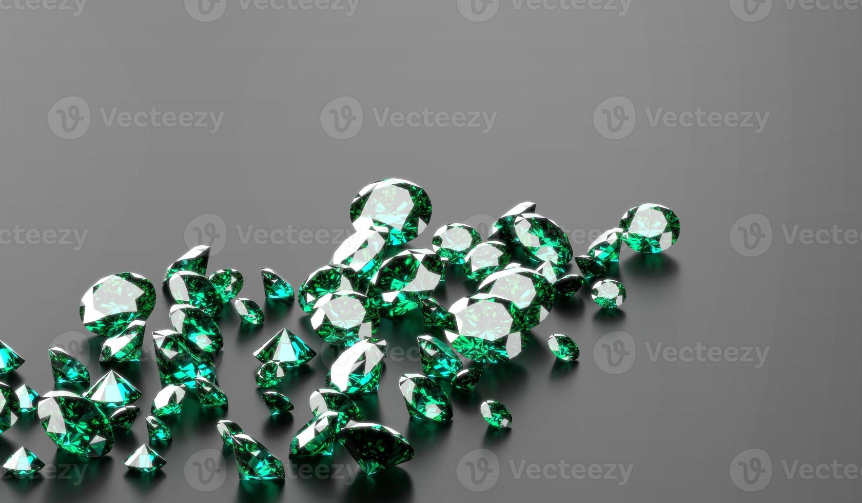 groupe de diamants vert émeraude sur fond sombre, illustration 3d. photo