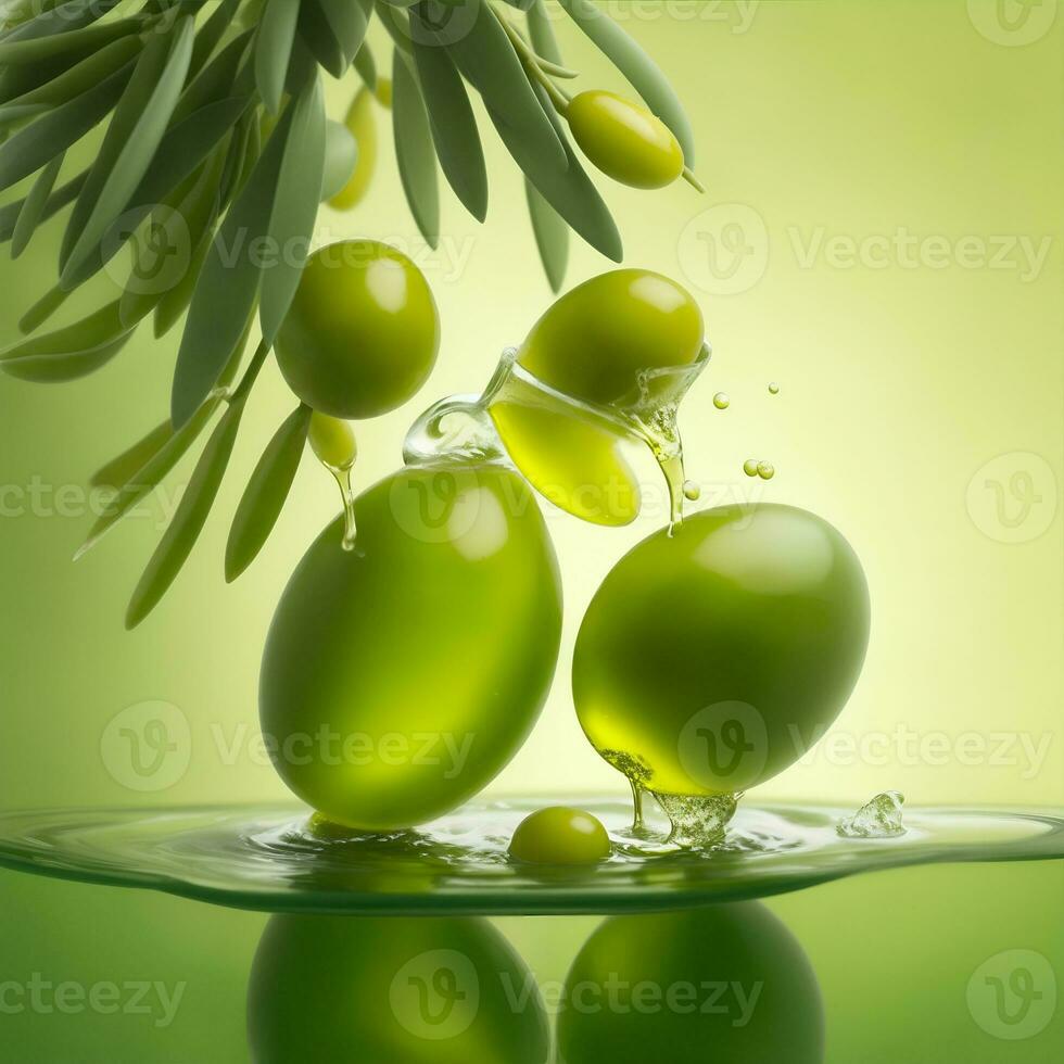 réaliste Olives et pétrole éclaboussure gouttes, vecteur vert olive des fruits. olive pétrole éclabousser couler pour bouteille produit emballer, cuisine cuisine ou salade, vert olive pétrole éclaboussure verser dans macro fermer photo
