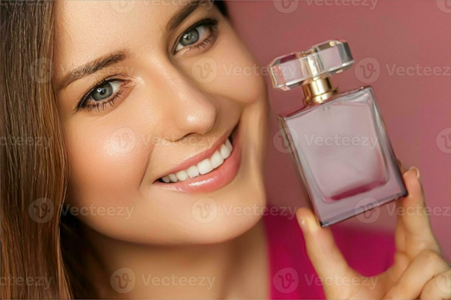 parfum, beauté produit et produits de beauté modèle visage portrait sur rose arrière-plan, magnifique femme en portant fragrance bouteille avec floral féminin flairer, mode et maquillage photo