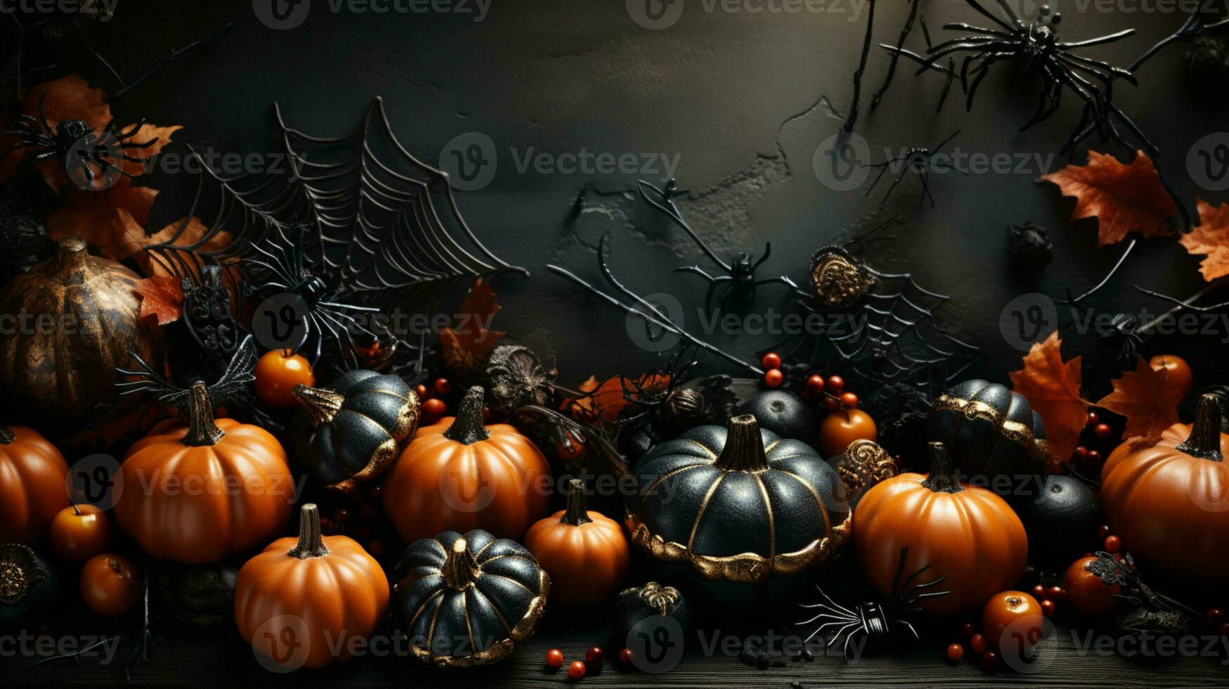 charmant Halloween Contexte avec citrouilles, chauves-souris, les araignées et violet l'automne feuilles et espace pour texte. génératif ai, photo