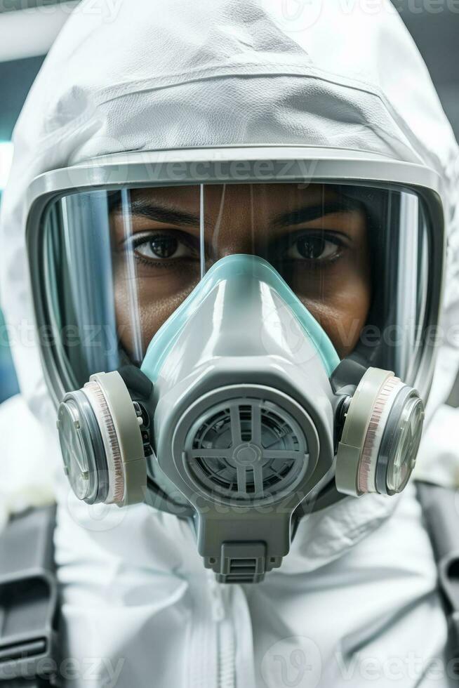 scientifique portant protecteur équipement dans laboratoire isolé sur une blanc Contexte photo