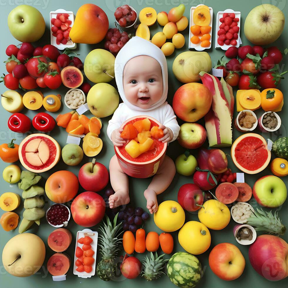 bébé et en bonne santé fruit achats métallique panier avec pommes photo