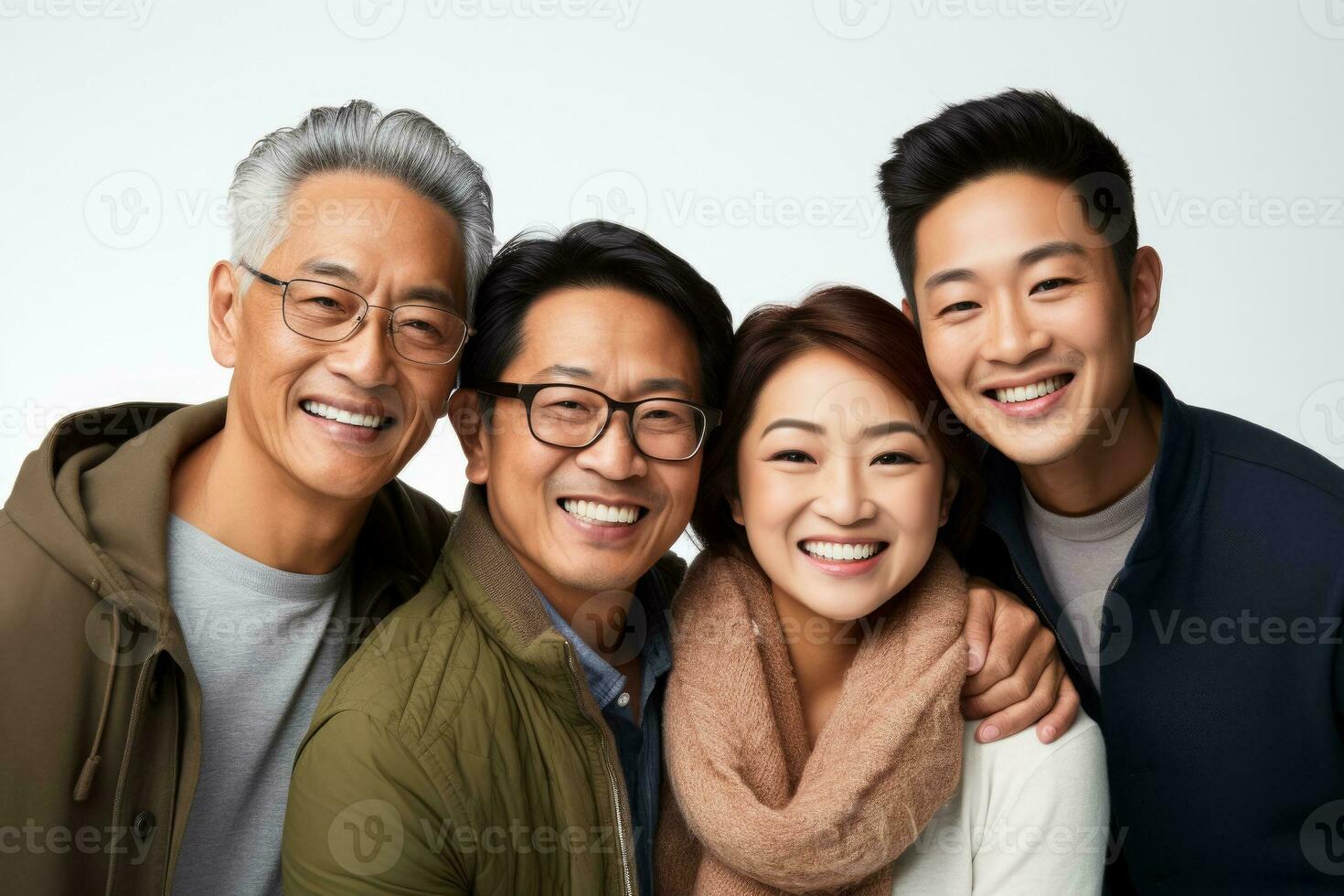 une famille portrait plein de joie après une réussi réunion isolé sur une blanc Contexte photo