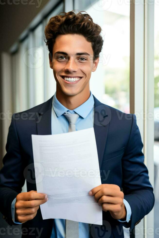 souriant immigrant en portant une réussi visa application isolé sur une blanc Contexte photo