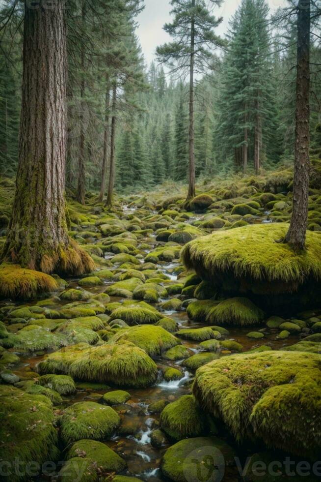 région sauvage paysage forêt avec pin des arbres et mousse sur rochers. ai généré photo