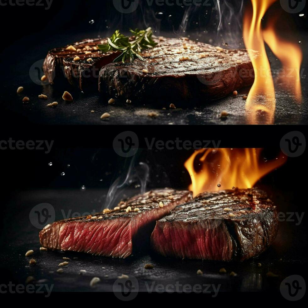 une steak sur une Coupe planche avec herbes et épices. génératif ai. photo