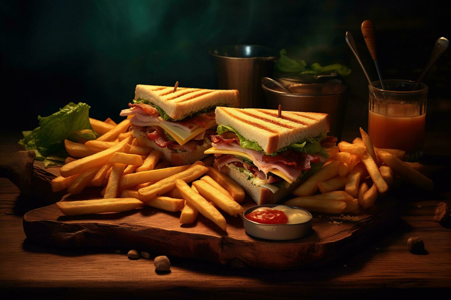 club des sandwichs sur une en bois planche avec frites ai généré photo