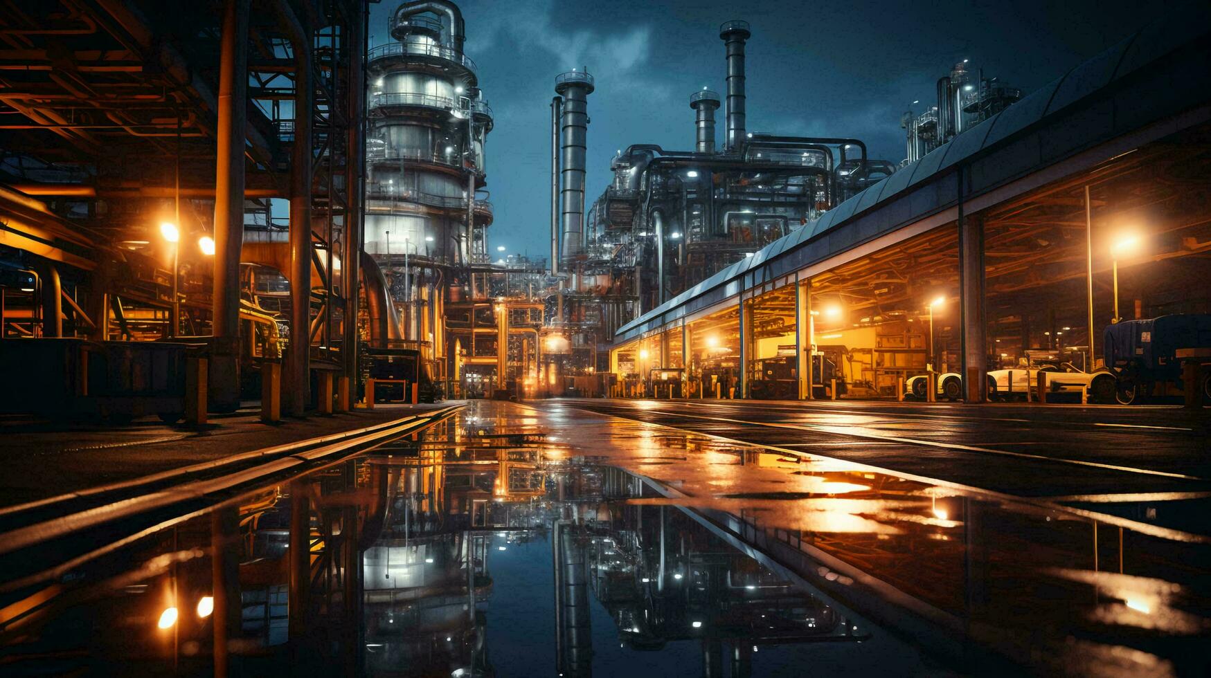 pétrole raffinerie avec industriel industriel équipement à nuit photo