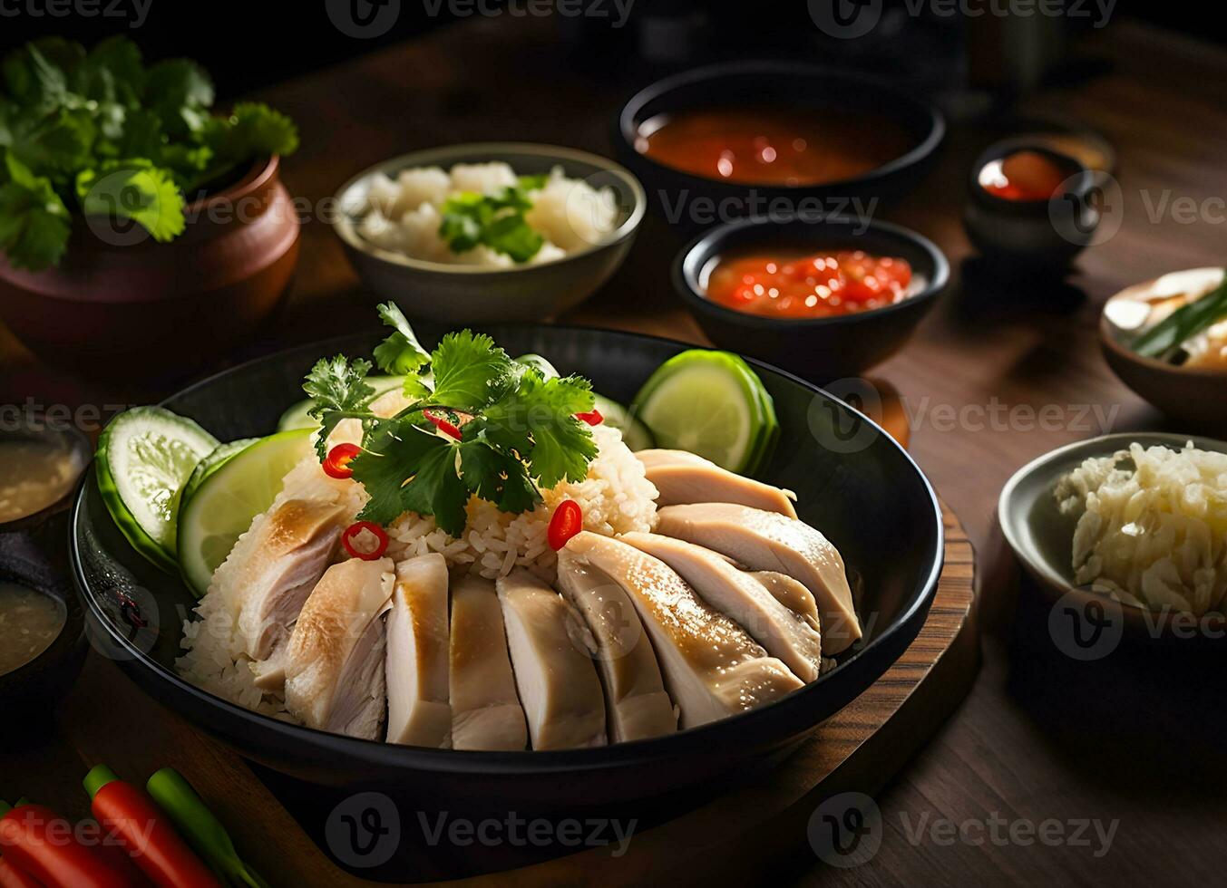 Khao mun gai ou hainanais poulet riz thaïlandais nourriture, avec génératif ai photo