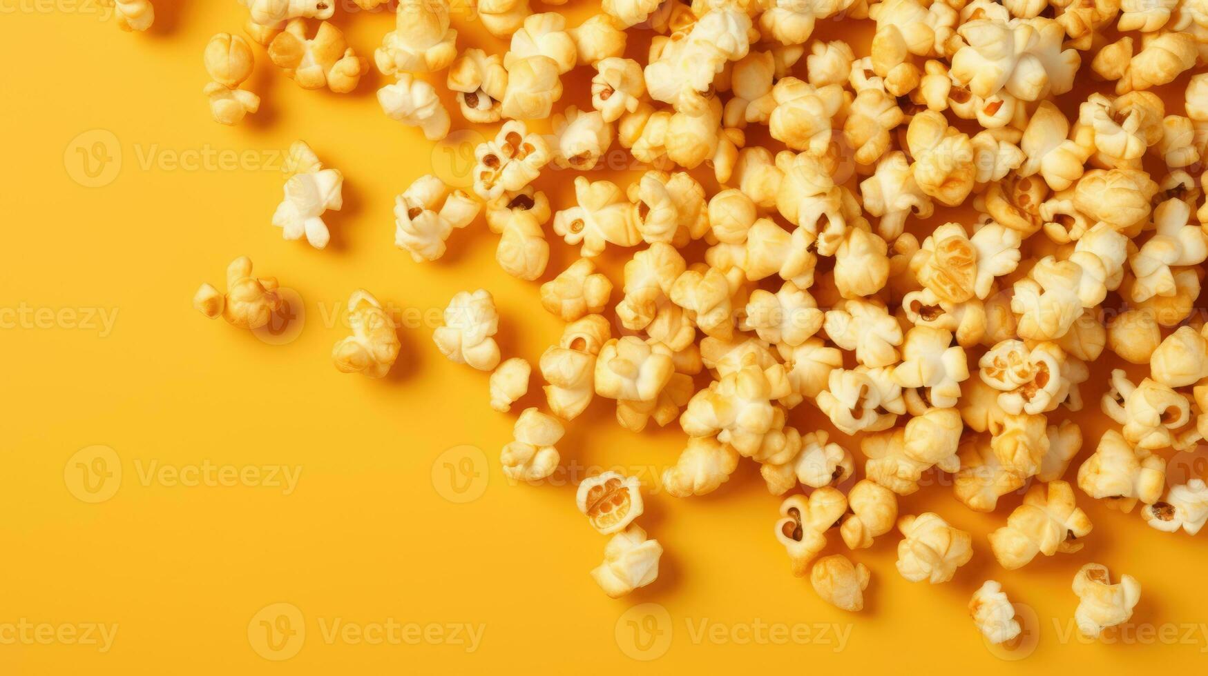 épars pop corn dans caramel sur une Jaune Contexte. bannière pour cinéma photo