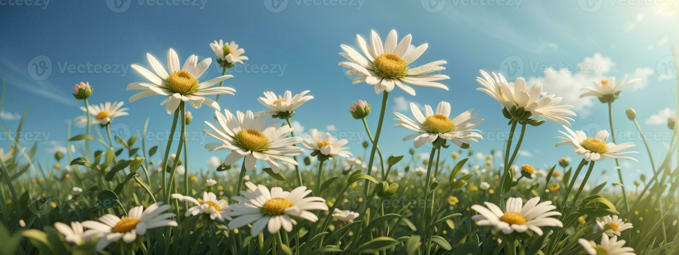 sauvage marguerites dans le herbe avec une bleu ciel. ai généré photo