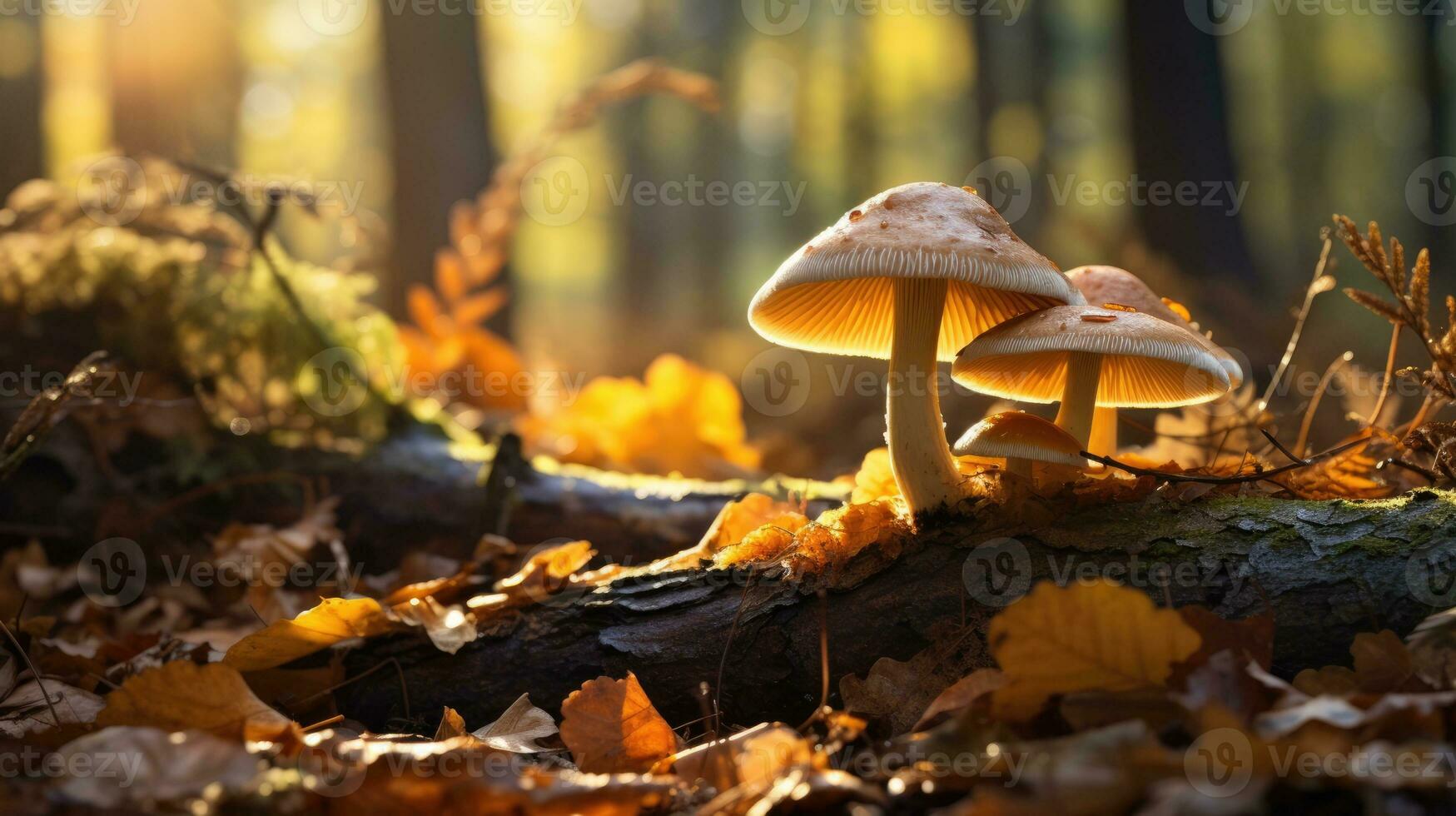 champignons dans le forêt. fermer photo de une champignon en dessous de l'automne feuilles