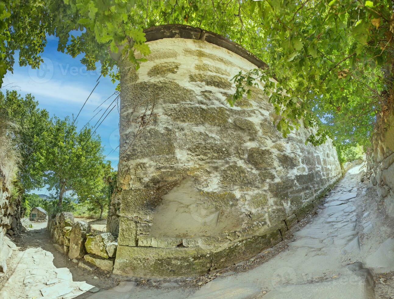 panoramique image le long de sentier avec trop développé vieux Naturel pierre mur photo