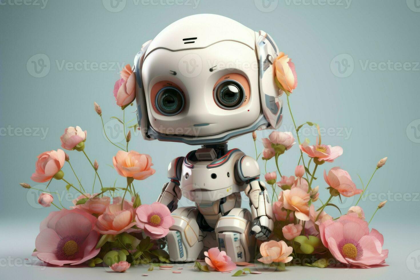 floral mignonne robot fille avec fleurs. produire ai photo