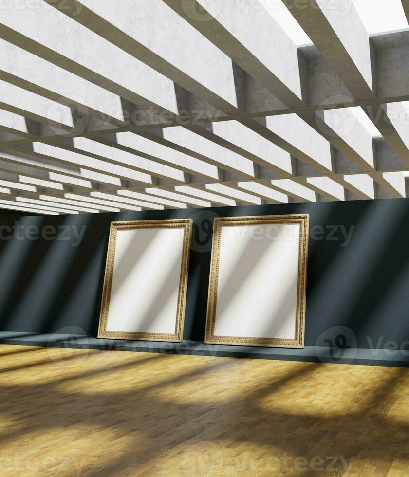 une couple de ancien en bois Cadre maquette dans le art Galerie salle allumé par lumière du soleil photo