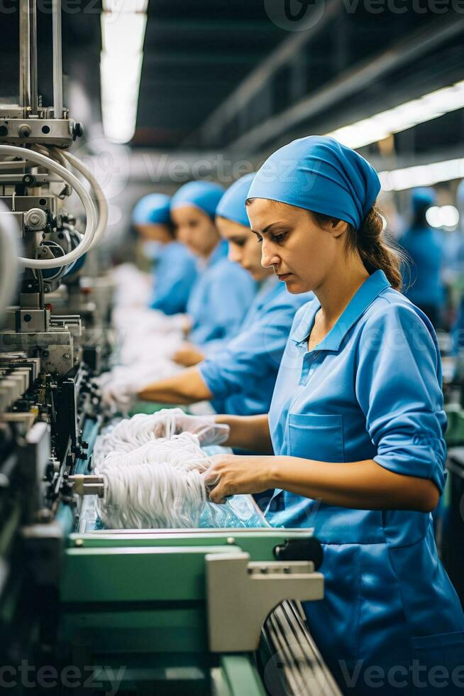 des employés avec diligence en fonctionnement complexe machinerie dans une occupé textile moulin photo