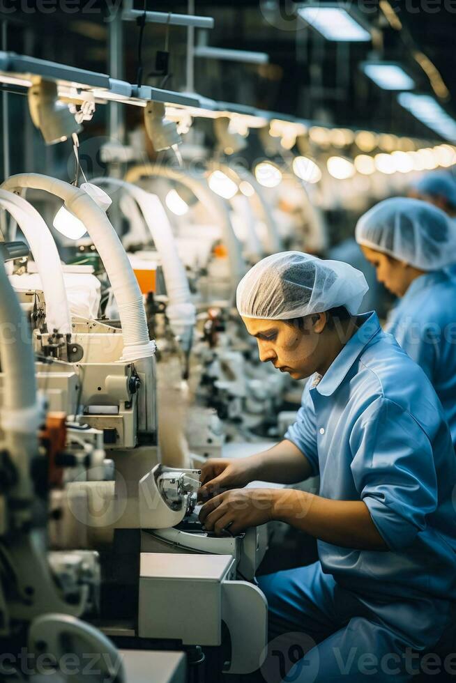 des employés avec diligence en fonctionnement complexe machinerie dans une occupé textile moulin photo