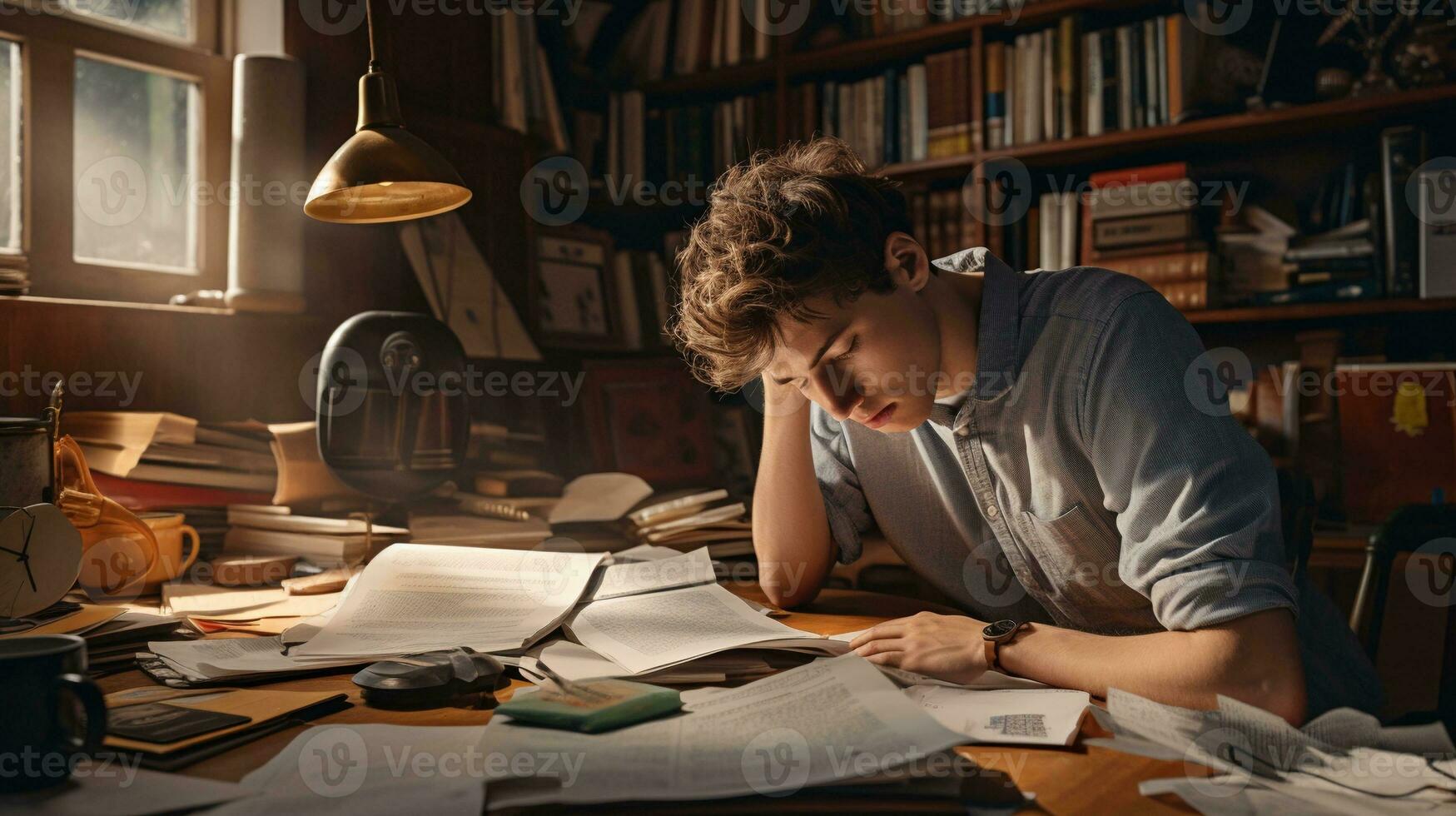 stressé adolescent en train d'étudier à maison. capturer le réalités de académique pression et étude stress photo