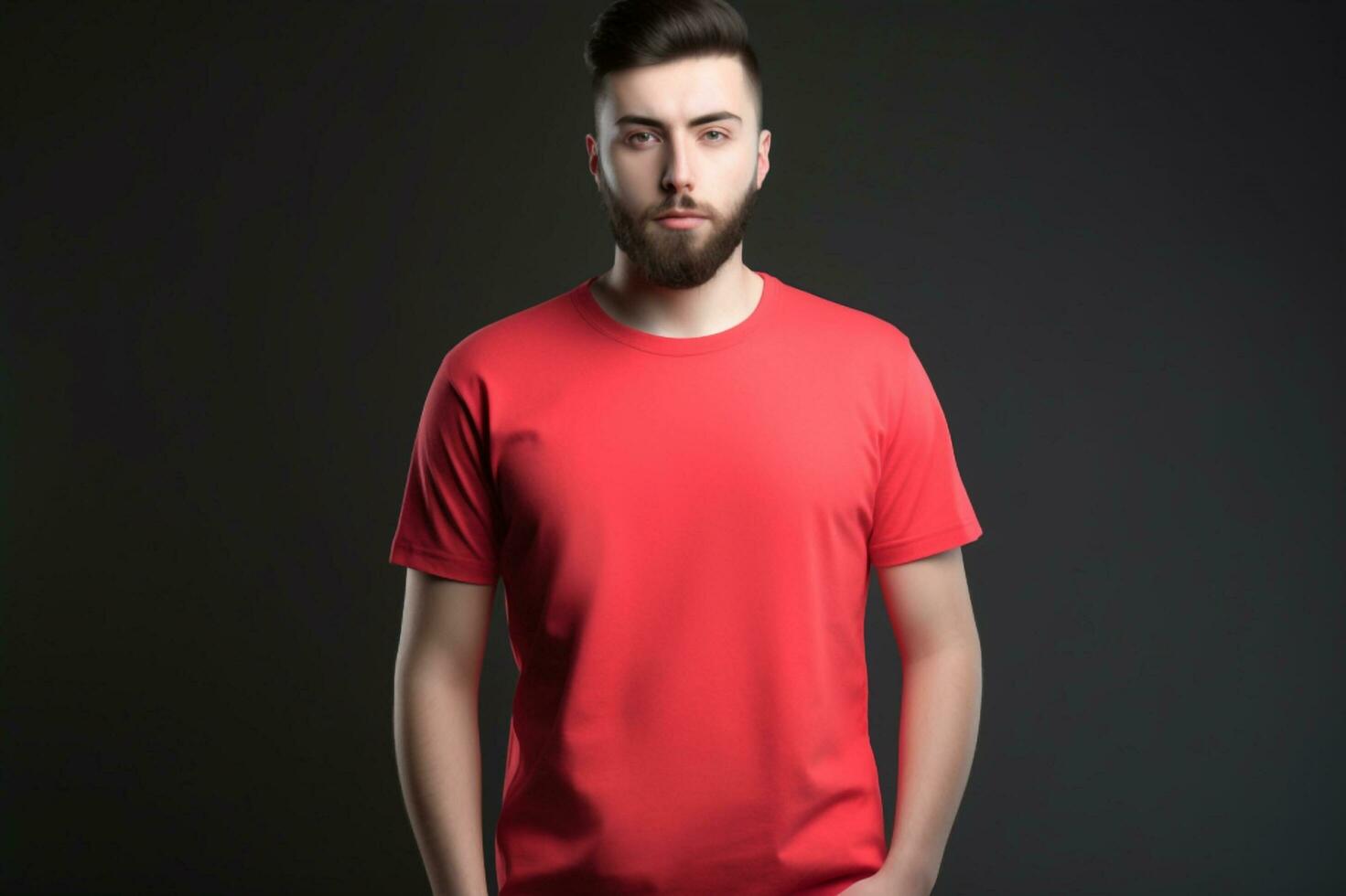 génératif ai. rouge T-shirt maquette sur Masculin modèle photo