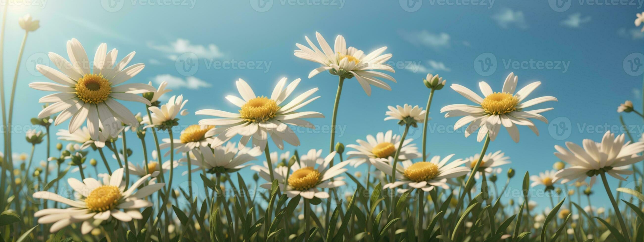 sauvage marguerites dans le herbe avec une bleu ciel. ai généré photo