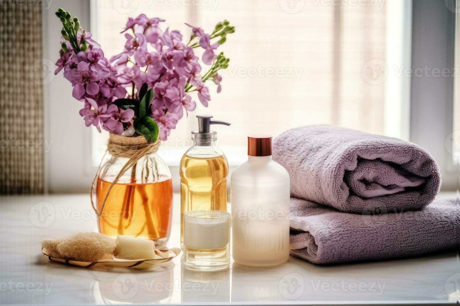 bougies, les serviettes et shampooing sont sur le tableau. génératif ai technologie. photo