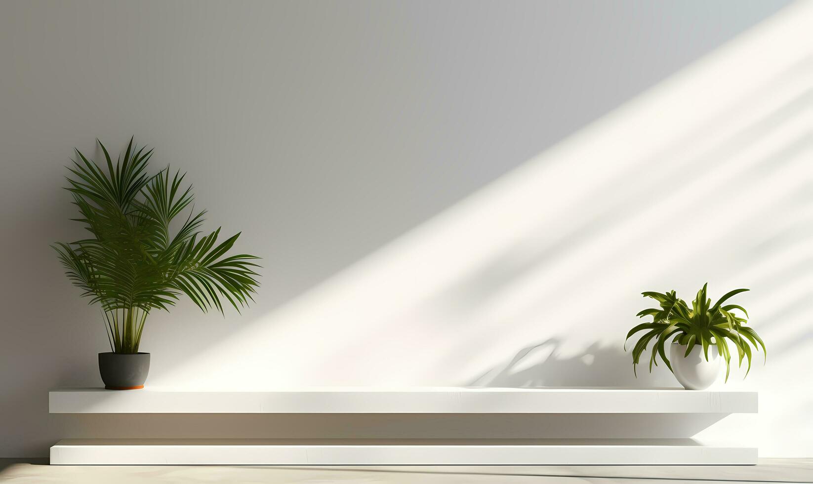 vide blanc podium sur le compteur avec feuille ombres de lumière du soleil et plante. ai généré photo