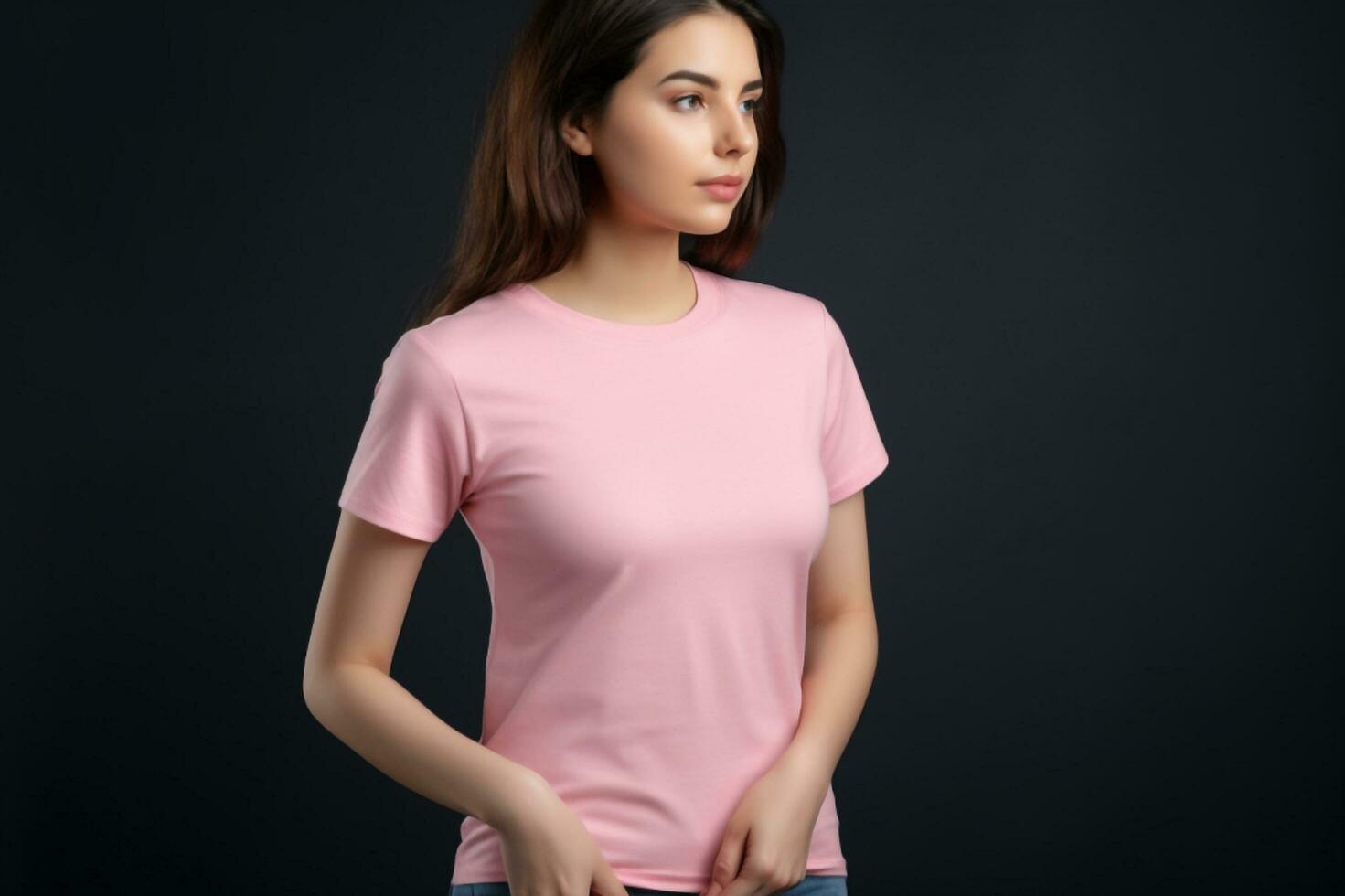 génératif ai. rose T-shirt maquette sur femelle modèle photo