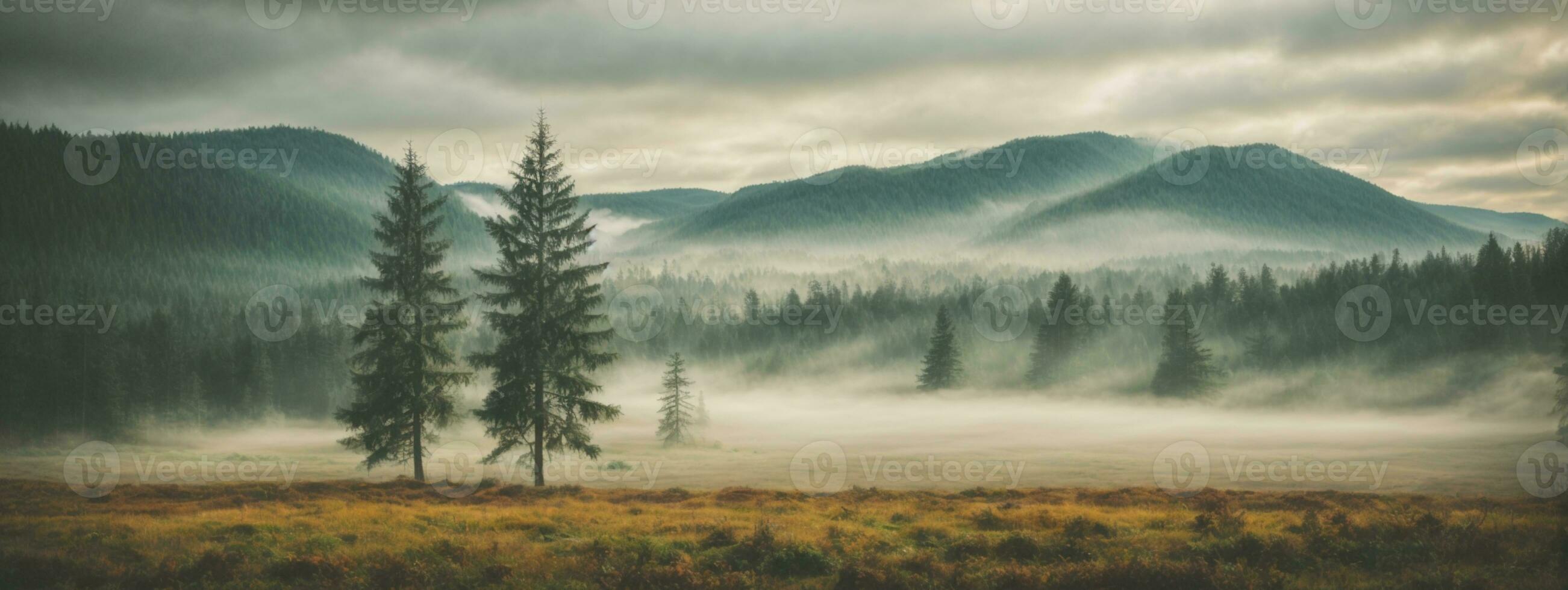 brumeux paysage avec sapin forêt dans branché ancien rétro style. ai généré photo