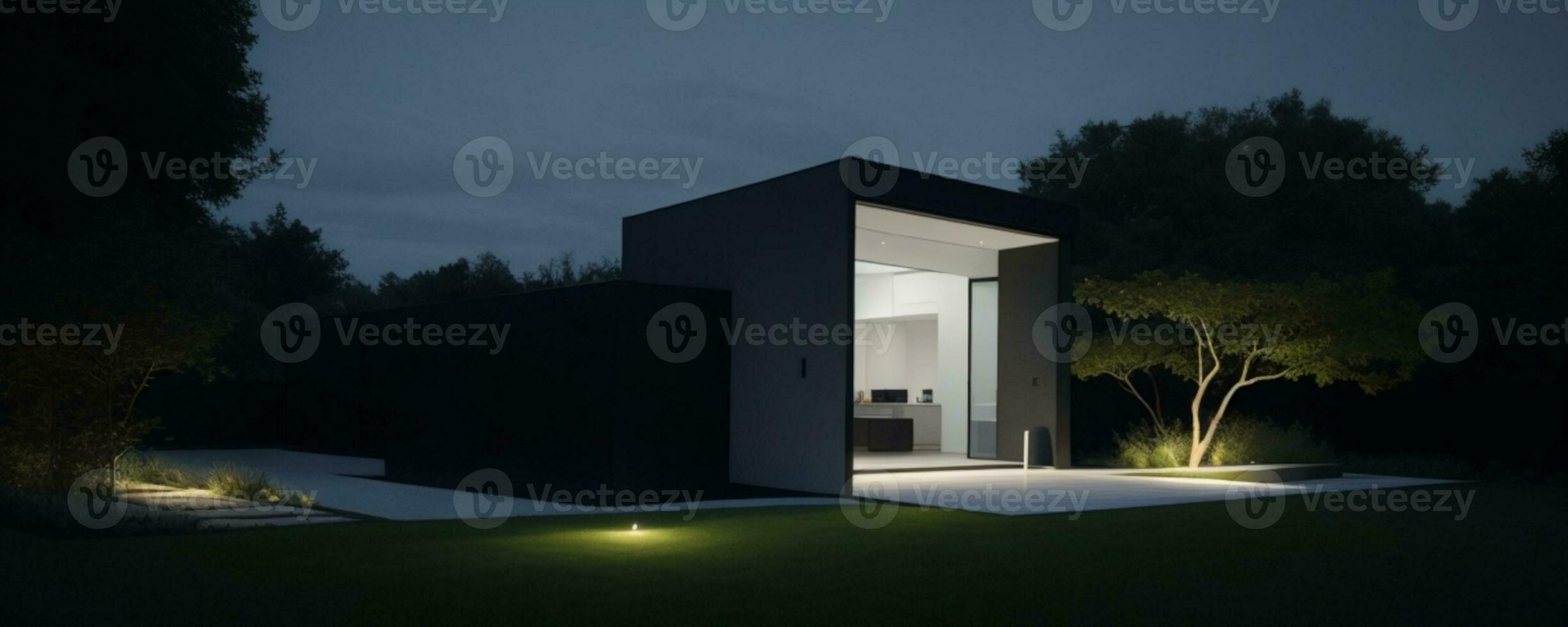 moderne maison avec jardin à nuit. ai généré photo