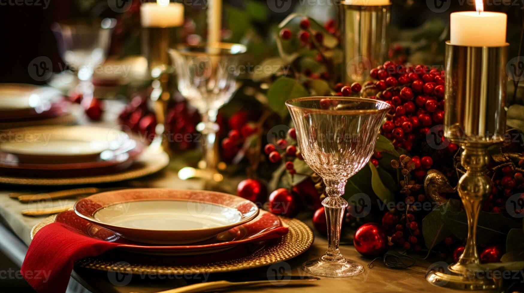 Noël table décor, vacances paysage de table et dîner table paramètre, formel un événement décoration pour Nouveau année, famille fête, Anglais pays et Accueil coiffant photo