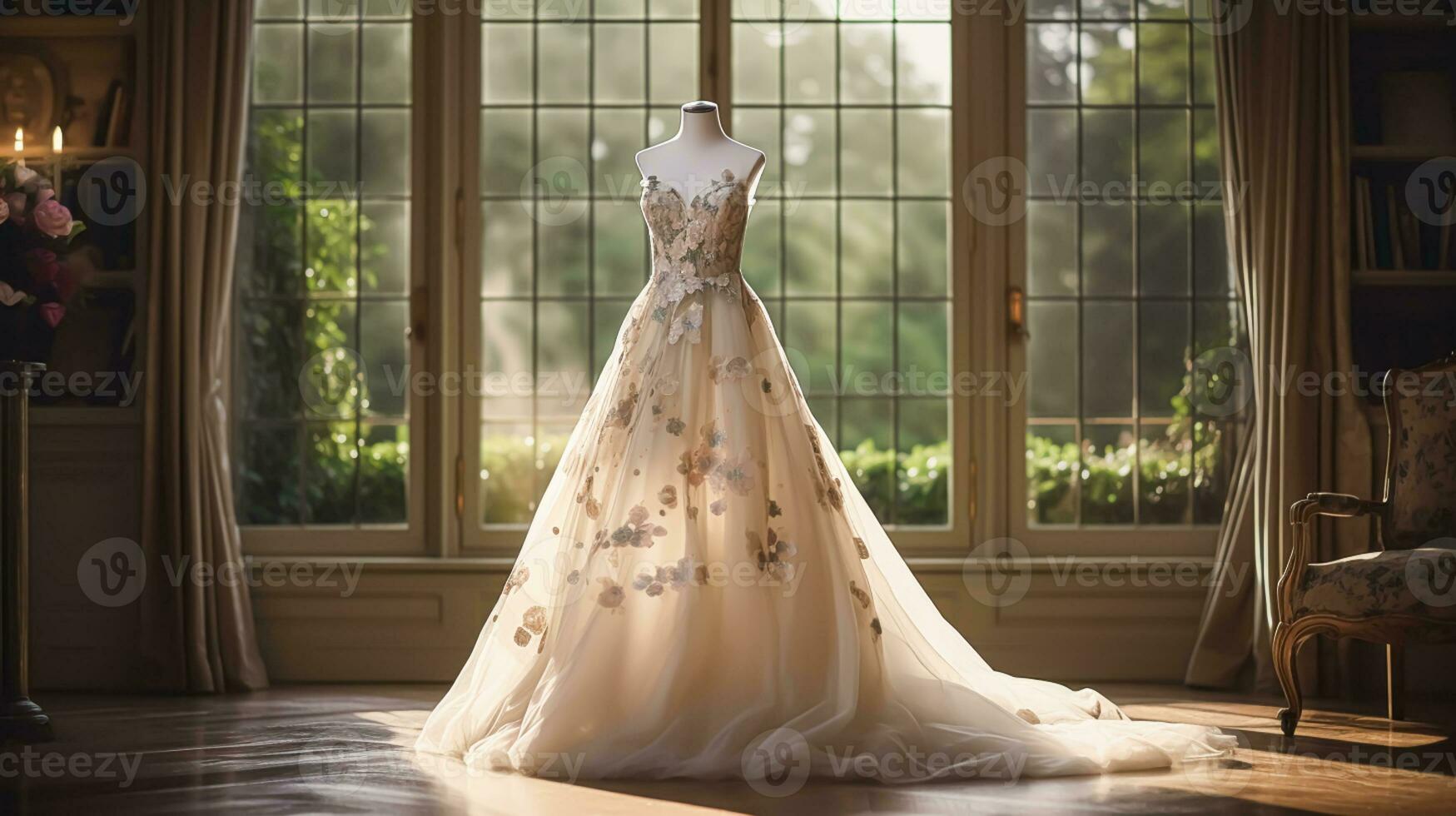 mariage des arbres, de mariée robe style et sur mesure mode, pleine longueur blanc adapté Balle robe dans salle d'exposition, tailleur raccord, beauté et mariage photo