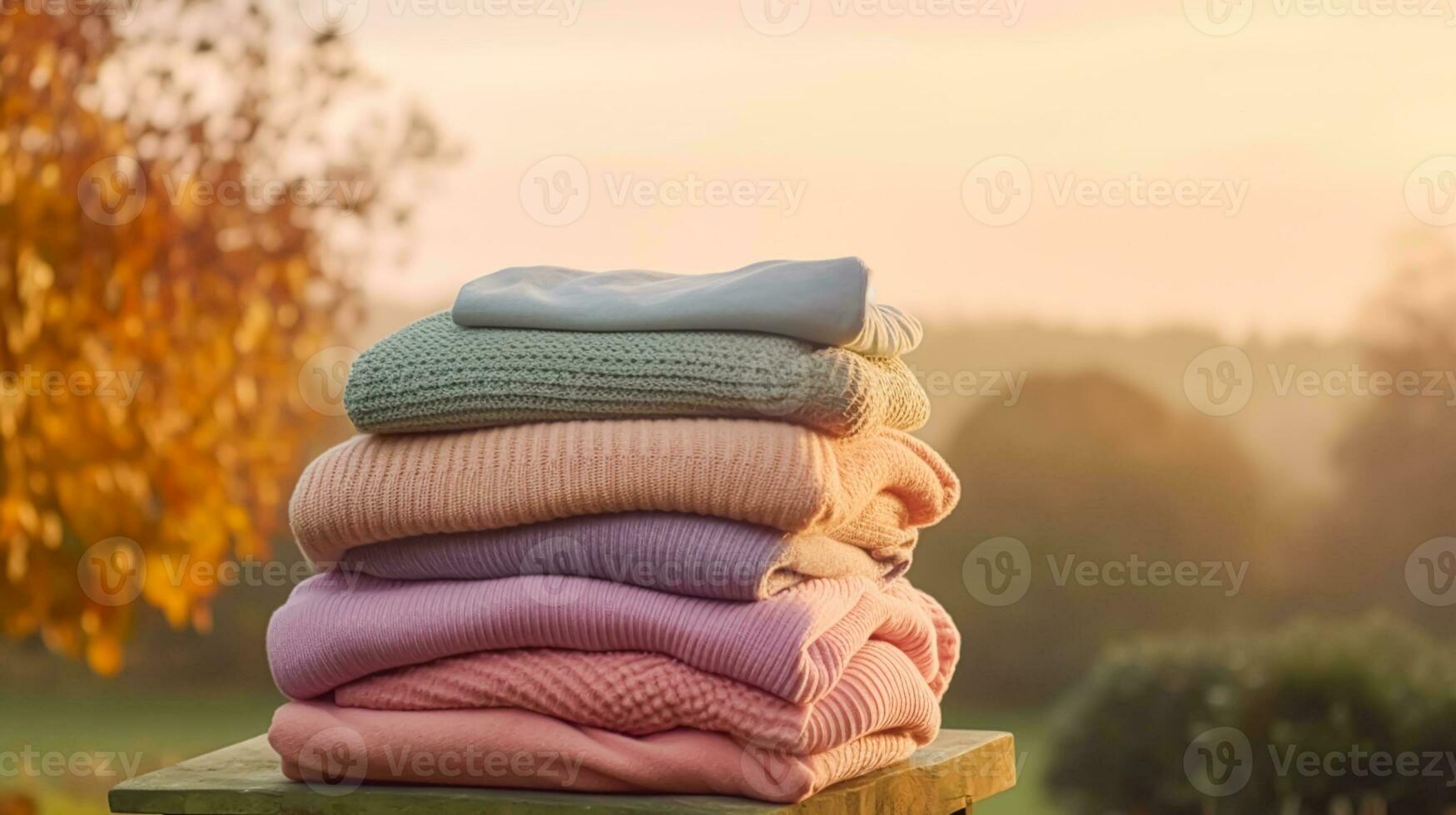 blanchisserie, Entretien ménager et le ménage, empiler de nettoyer et plié tricoté vêtements dans le campagne, génératif ai photo