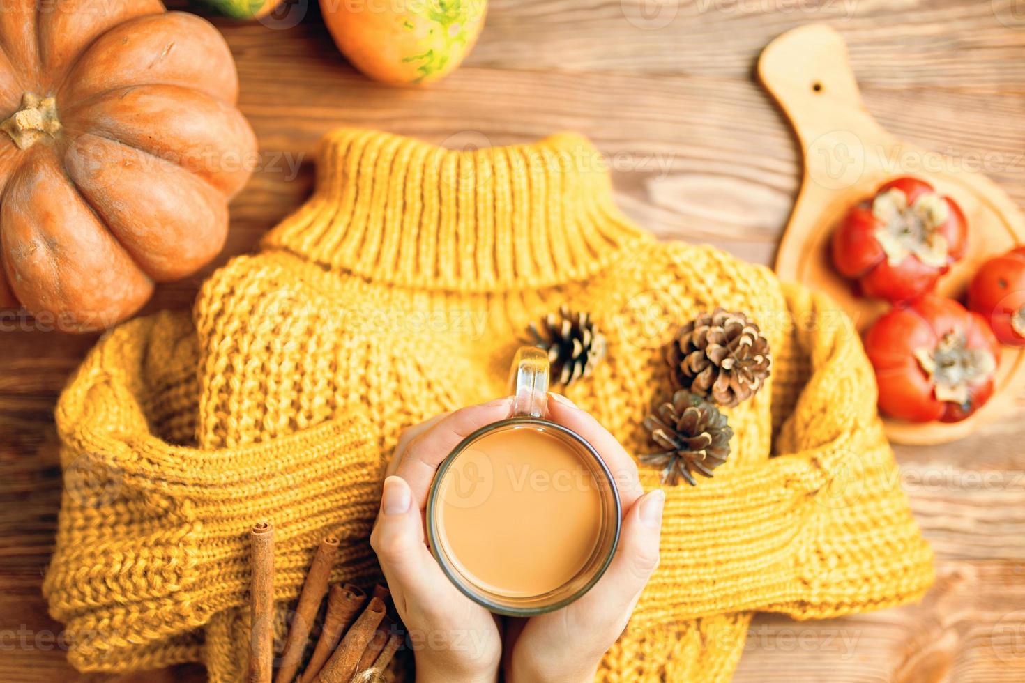chocolat chaud dans les mains, pommes de pin et bâtons de cannelle sur pull tricoté. photo