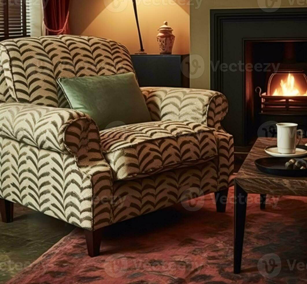 moderne classique séance pièce décor, intérieur conception et maison amélioration, vivant pièce meubles, fauteuil et Accueil décor dans Anglais pays maison et élégant chalet style, génératif ai photo