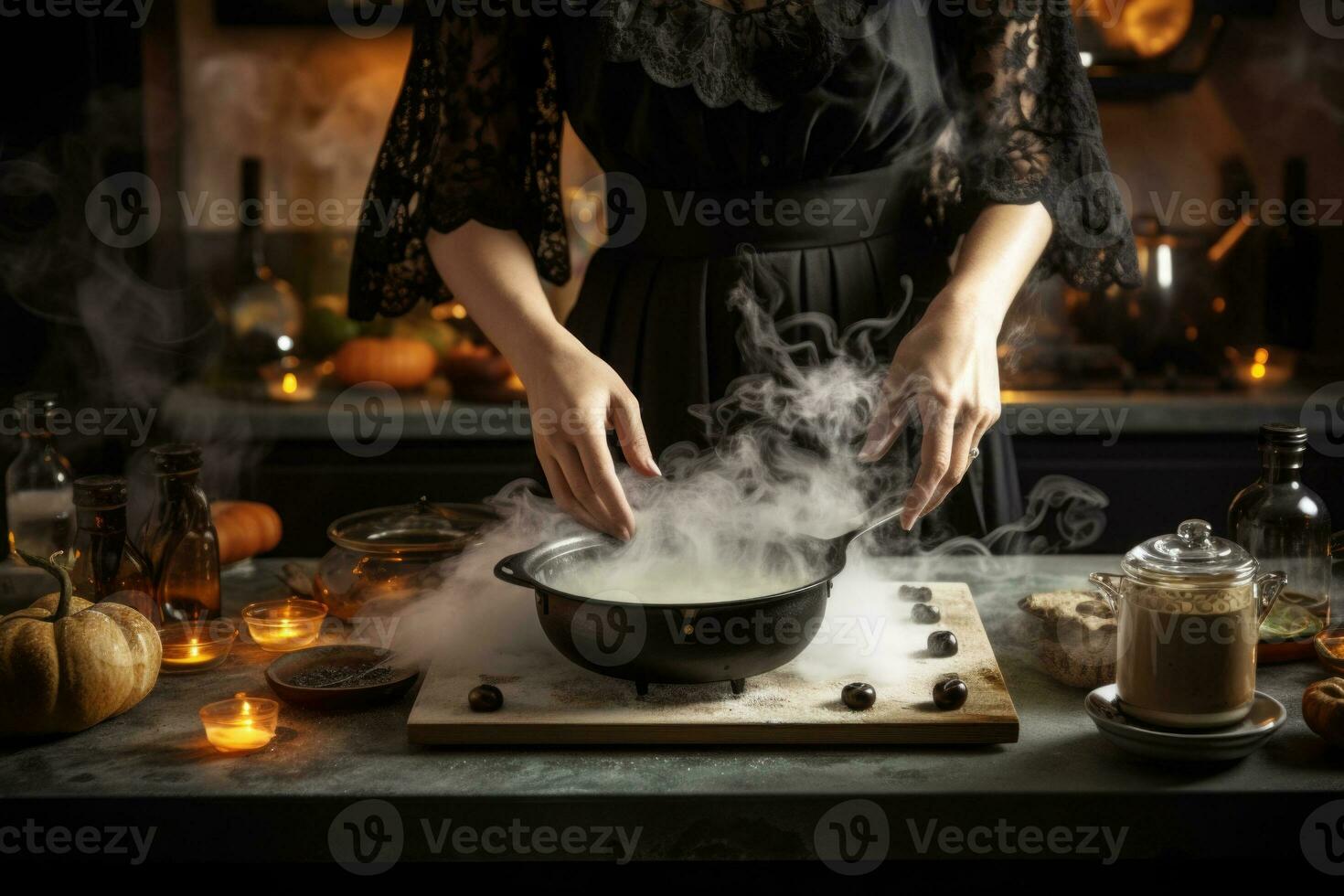 femme prépare plat à célébrer Halloween. génératif ai photo