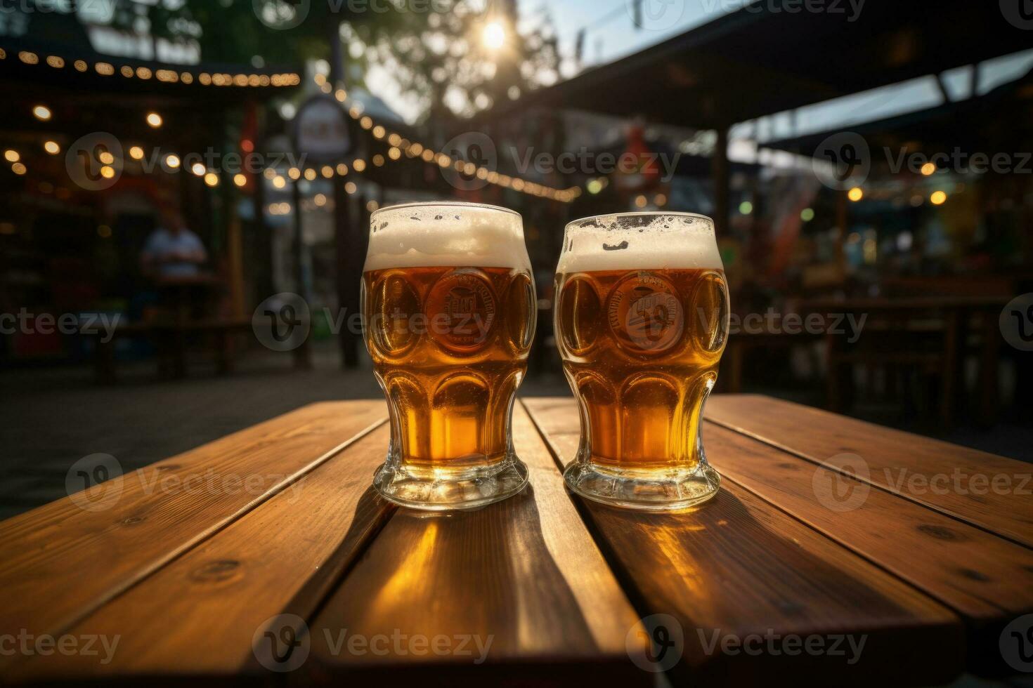 deux des tasses de Bière sur en bois table avec rue café Contexte. génératif ai photo