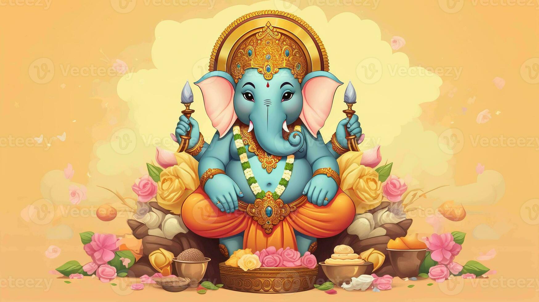 mignonne dessin animé Seigneur ganesh. orné avec charmant ornements et exsudant Divin Mignonnerie photo