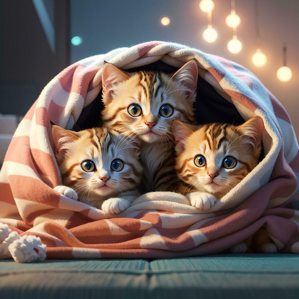 une groupe de adorable chatons câliné en haut ensemble dans une confortable couverture fort art par ai génératif photo