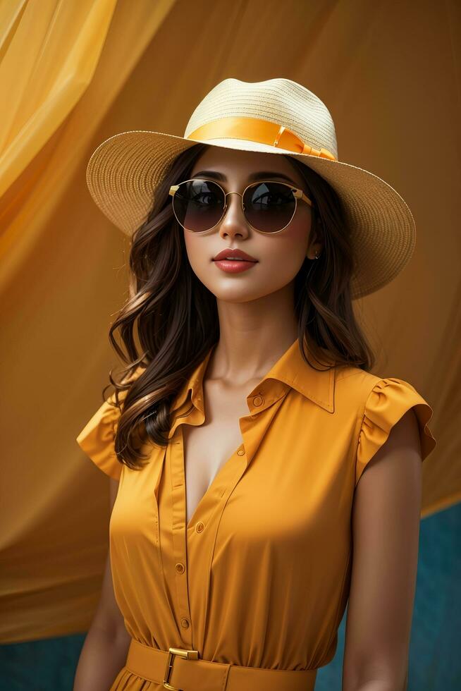 femme dans moderne vêtements avec des lunettes de soleil par ai génératif photo