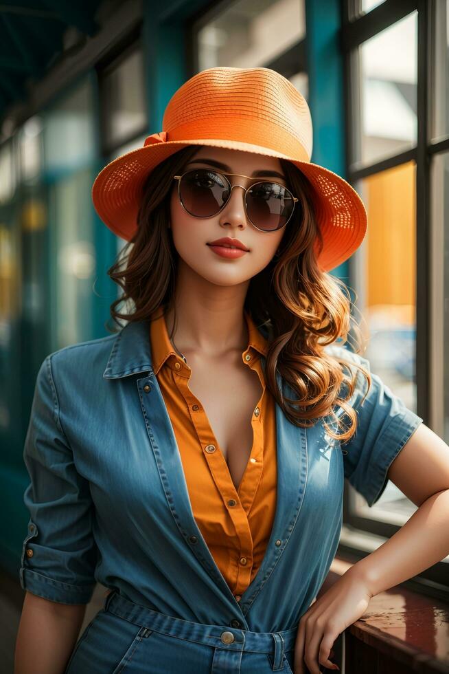 femme dans moderne vêtements avec des lunettes de soleil par ai génératif photo