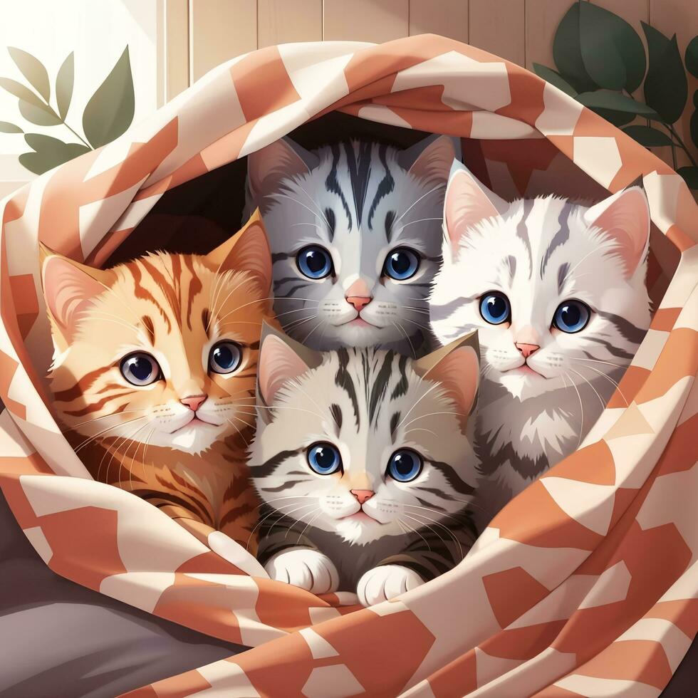 une groupe de adorable chatons câliné en haut ensemble dans une confortable couverture fort illustration art par ai génératif photo