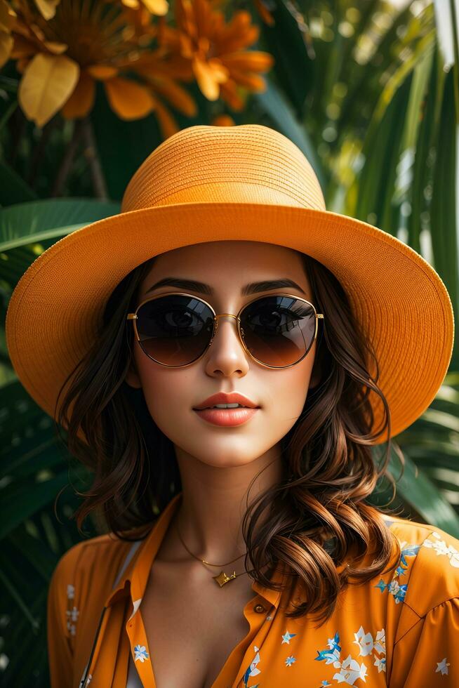 femme dans moderne vêtements avec des lunettes de soleil par ai génératif photo