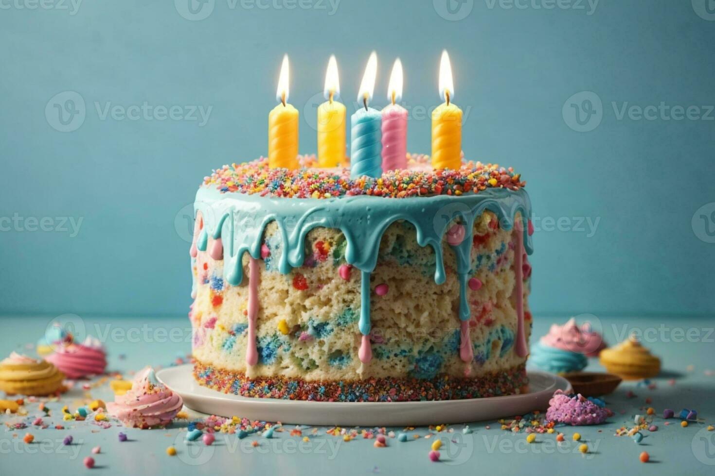 anniversaire gâteau décoré avec coloré arrose et bougies. ai généré photo