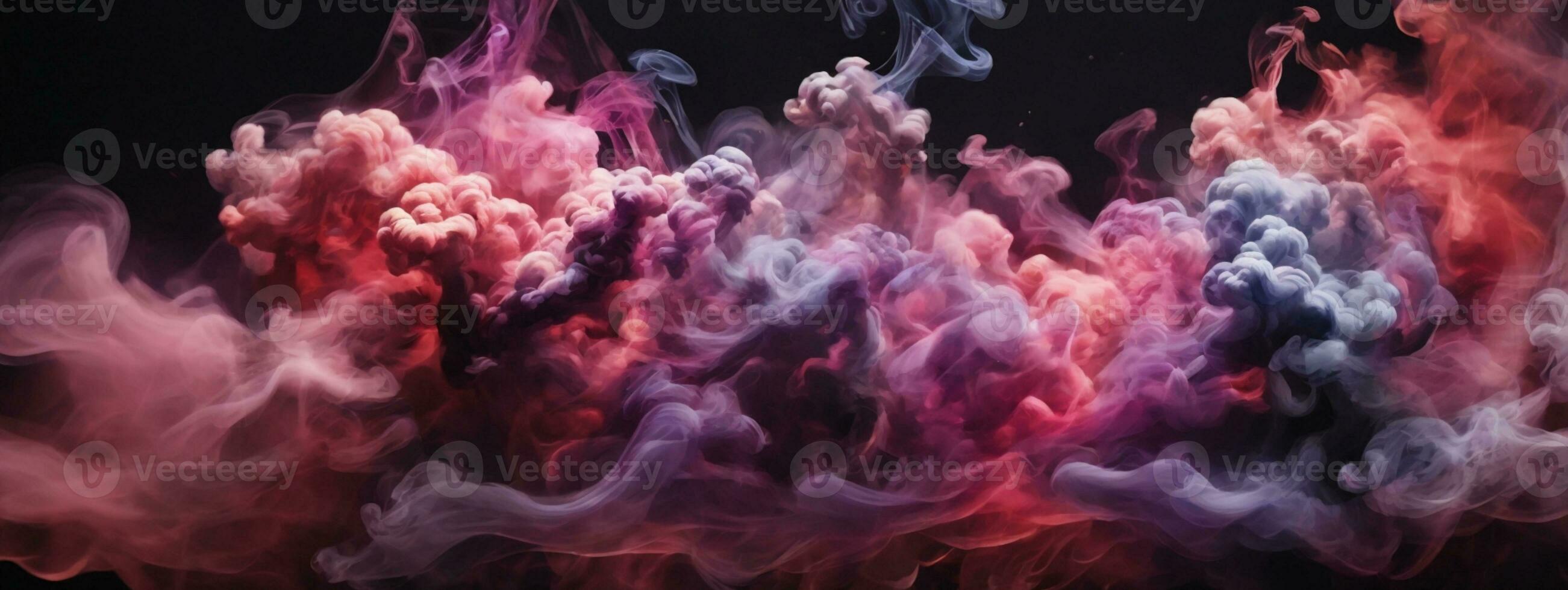 dense multicolore fumée de rouge, violet et rose couleurs sur une noir isolé Contexte. Contexte de fumée vapoter. ai généré photo