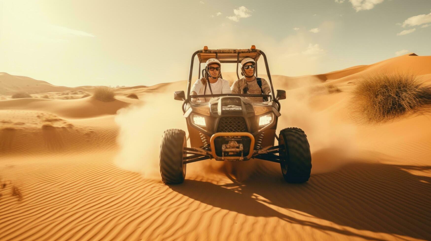 une Jeune couple monte dans une petit chariot par le désert dans le Émirats arabes unis photo